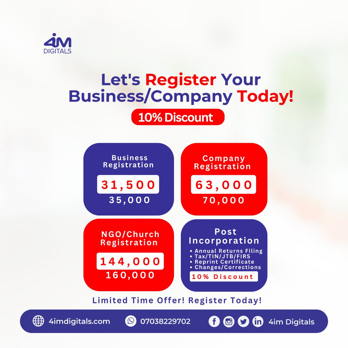 4imDigitals's tweet image. 𝐋𝐞𝐭'𝐬 𝐇𝐞𝐥𝐩 𝐘𝐨𝐮 𝐑𝐞𝐠𝐢𝐬𝐭𝐞𝐫 𝐘𝐨𝐮𝐫 𝐁𝐮𝐬𝐢𝐧𝐞𝐬𝐬 𝐓𝐨𝐝𝐚𝐲!

As the year 2025 is winding down to usher in the new year 2026, now is the best time to give your hustle/business a legal structure.

Send us a message today to get started!

 #4imdigitals  #4im