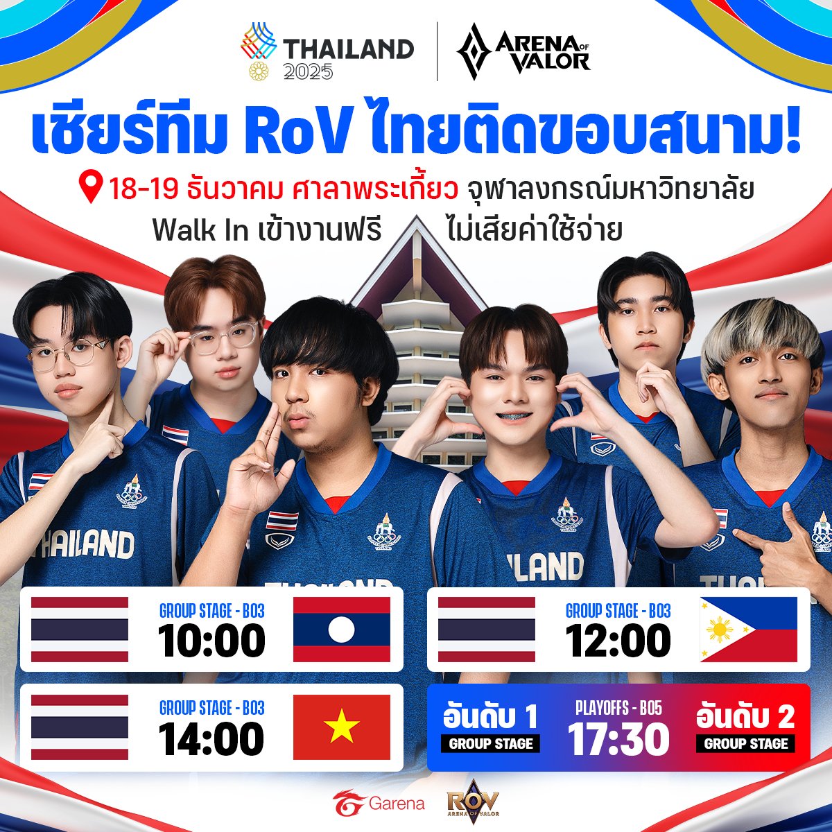 พวกเขาต้องการกำลังใจจากทุกคน

18-19 ธันวาคมนี้ มาร่วมเชียร์ RoV ชายทีมชาติไทย 🇹🇭 ลุยศึกชิงเหรียญทองซีเกมส์ครั้งที่ 33 ที่ศาลาพระเกี้ยว จุฬาลงกรณ์มหาวิทยาลัย (Walk in เข้างานฟรี ไม่เสียค่าใช้จ่าย)

#RoV #เชียร์RoVไทย #SEAGames2025