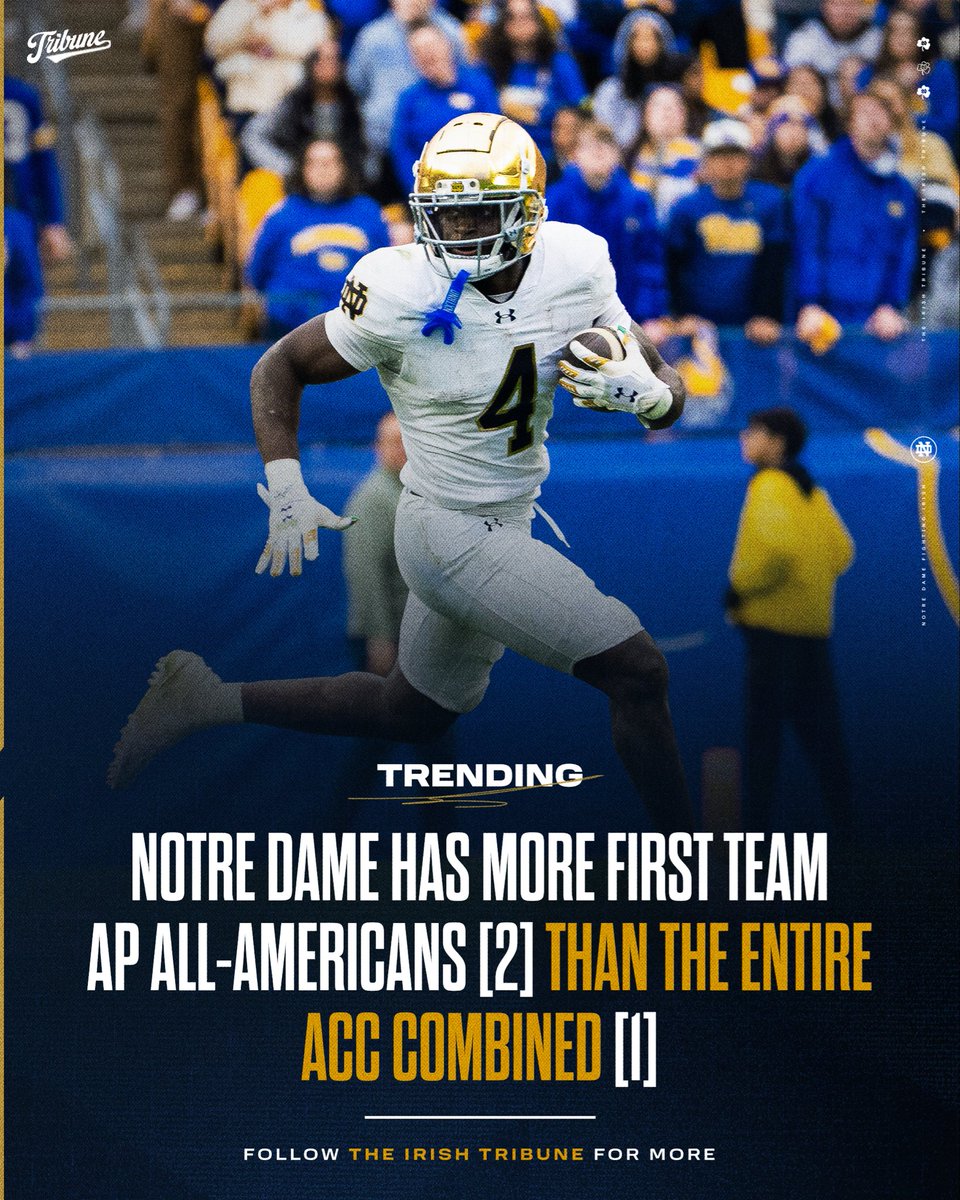 Notre Dame has more First-Team AP All-Americans this season in Jeremiyah Love and Leonard Moore, than the entire ACC combined, which has just one in Miami offensive tackle Francis Mauigoa.

This recognition underscores the national level talent Notre Dame produces and is a