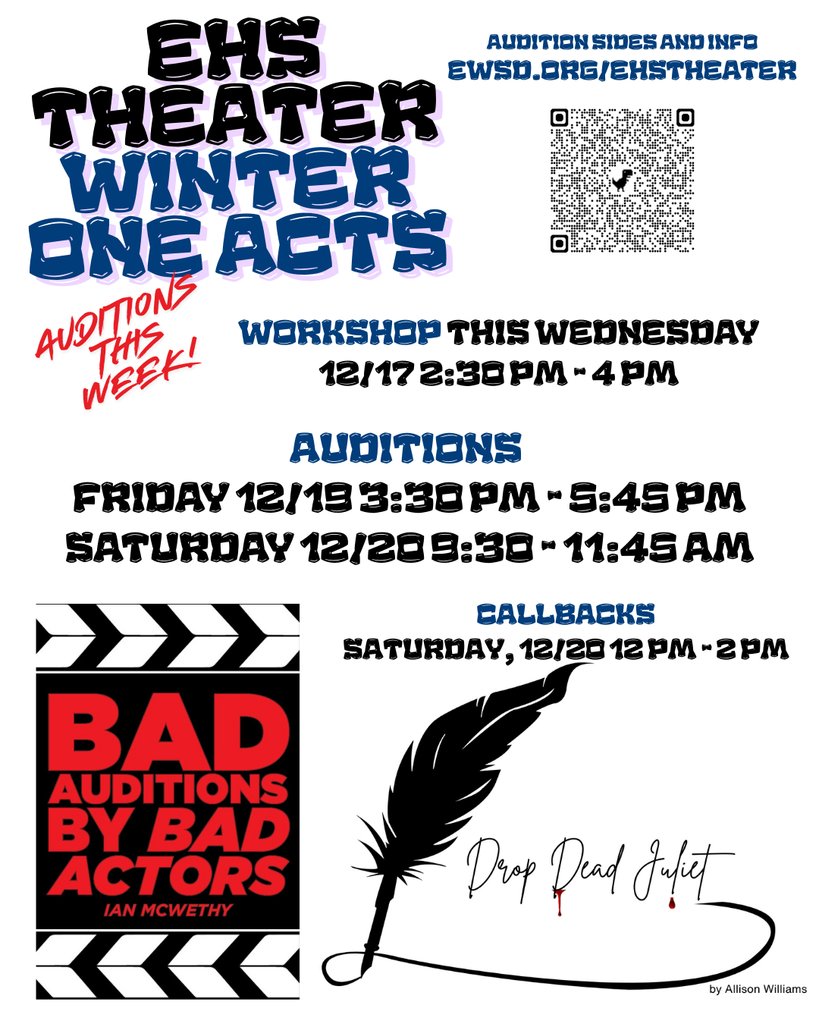 EHS theater is hosting a workshop and auditions this week! 

Workshop: Wednesday from 2:30PM-4PM

Auditions: Friday 3:30PM-5:45PM &amp; Saturday 9:30AM-11:45AM