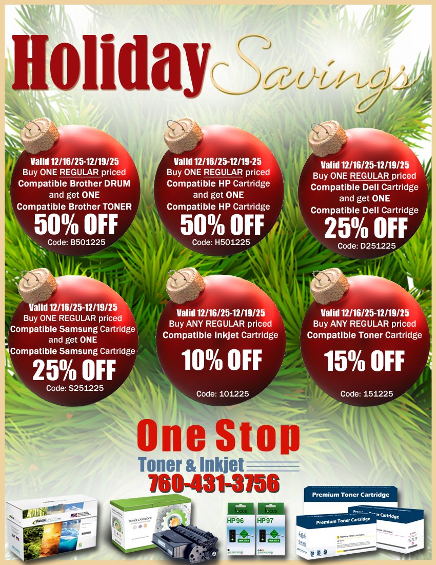 OneStopToner's tweet image. Check out our BIG Holiday Sale! Call 760-431-3756 or visit toner-inkjet.com