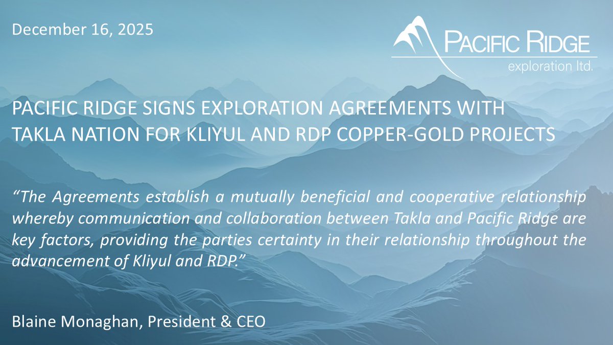 <a href="/PacRidge_PEX/">Pacific Ridge Exploration (PEX: TSXV)</a> $PEX.V has signed exploration agreements with Takla Nation for the Kliyul and RDP copper-gold projects. Exploration success in British Columbia relies on three key pillars:

- Prospective geology
- Access to capital
- Positive relationships with First Nations

This