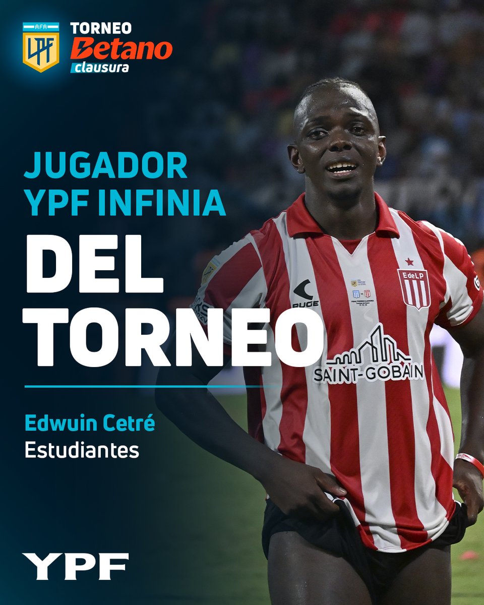 ¡Edwuin Cetré es el #JugadorYPFInfinia del #TorneoBetano Clausura 2025 🏆! 

El delantero de <a href="/EdelpOficial/">Estudiantes de La Plata</a> tuvo una gran primera fase y en los playoffs brilló con 1 gol y 2 asistencias en partidos claves.

Sus números en el Torneo:
⚽️ Goles: 4
🎯 Asistencias: 5
🧠 Efectividad en