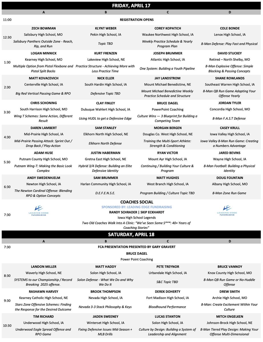 🚨 2026 SPEAKER LIST IS HERE! 🚨

Our biggest speaker lineup EVER for our first year at our new location!

🎄 Give your staff the best Christmas gift possible and get them registered for the 2026 Southern Iowa Coaches Clinic!

southerniowafootball.com