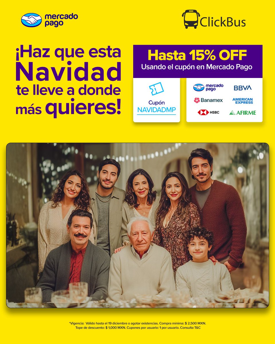 Click_Bus's tweet image. Esta Navidad viaja a donde más quieres con ClickBus y Mercado Pago ✨🎄

Usa el cupón NAVIDADMP y obtén hasta un 15% Off al pagar con Mercado Pago
 
🚍 Compra aquí tus boletos de autobús 👉 clickbus.com.mx 

Consulta T&amp;amp;C ➡️ mpago.li/1Ckb7QZ