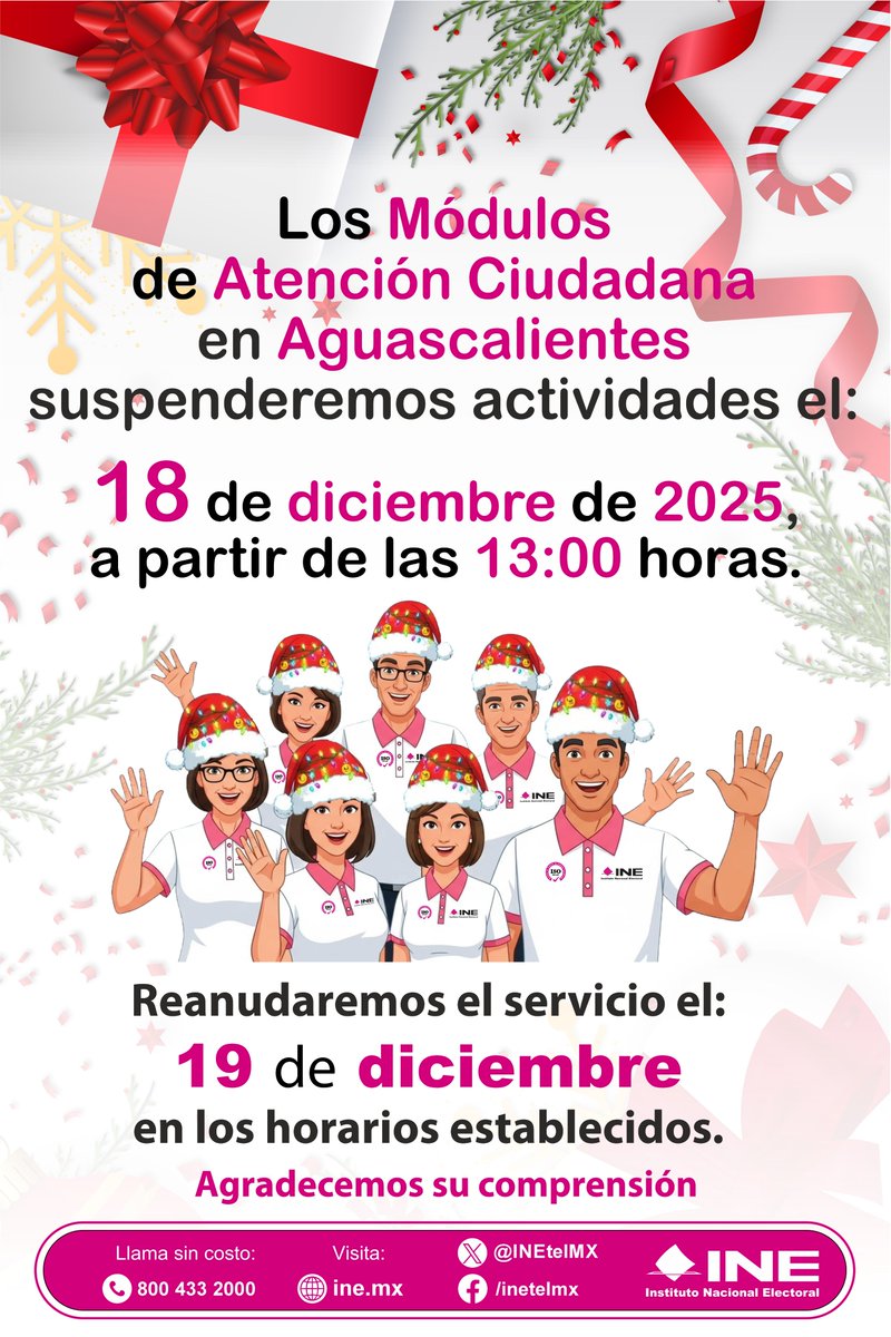 🚨¡¡¡AVISO IMPORTANTE!!!
Este jueves 18 de diciembre los Módulos de Atención Ciudadana de suspenderán actividades a partir de las 13:00 horas, reanudando servicio al día siguiente en sus horarios habituales⏰, consúltalos en ubicatumodulo.ine.mx o al 449 915 4510 🪪