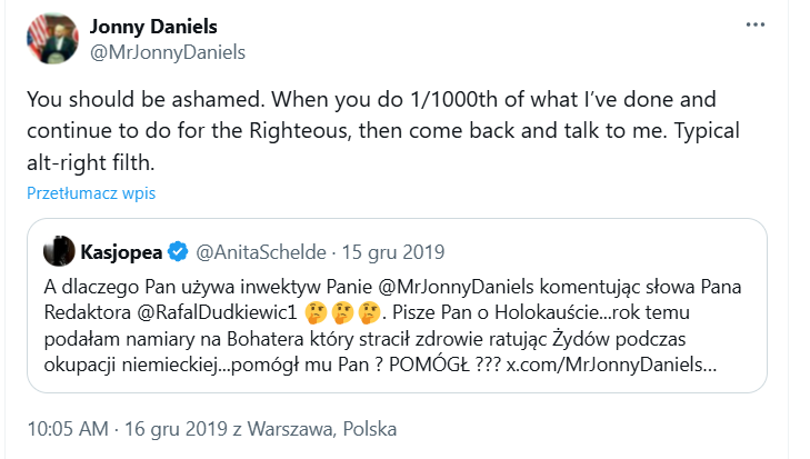 Dokładnie 6 lat temu...zapomniany już trochę...niekoronowany Król Polski <a href="/MrJonnyDaniels/">Jonny Daniels</a>...celebryta, chwalący się koneksjami i zdjęciami z całą wierchuszką Zjednoczonej Prawicy...dokonał próby aktu odhumanizowania Waszej pani od historii, określając mnie "typowym