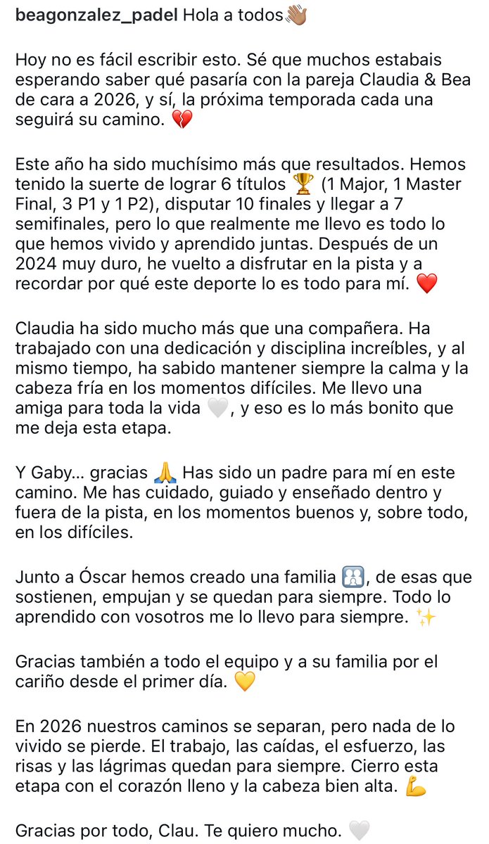 ❌FIN PROYECTO BEA Y CLAUDIA ❌🍍🦸🏽‍♀️

Así lo anuncia la jugadora malagueña en sus redes sociales 📲🥲🫶🏼

🥹Bonito mensaje tanto para Claudia como para Gaby, del que también se despide…

🍀Mucha suerte a ambas en vuestros nuevos proyectos! 🆕

#PremierPadel #despedida #padel