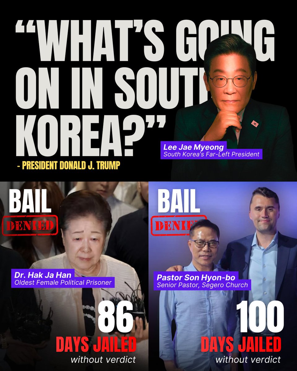 monarchreport25's tweet photo. 🚨 EXCLUSIVE: Trump's Chilling Question Echoes Amid South Korea's Religious Purge

"What's going on in South Korea?" Trump demanded on Truth Social before his August 25 White House summit with President Lee Jae-myung, decrying a "purge or revolution" stifling U.S. ties.

Now, as Lee's administration pushes progressive reforms critics label "pro-communist"—like expanded state oversight of religious groups and pro-China censorship laws—faith leaders are ensnared in what many call political vendettas.

Dr. Hak Ja Han, 82-year-old Unification Church leader, languishes in detention for 86 days without trial. Pastor Son Hyon-bo, conservative Busan church founder, nears 100 days behind bars over alleged election violations, amid claims of suppressing dissent.

Analysts say religions are scapegoats in Lee's push to dismantle conservative networks, fueling global outcry over eroding freedoms in Asia's democracy beacon.