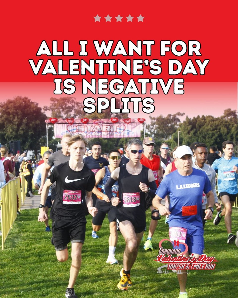 KozEvents's tweet image. Chasing love… and maybe a PR 🏁❤️ Celebrate Valentine’s Day Weekend by running your fastest miles yet in Coronado.
valentinesday10k.com
#vday10K #KOZevents #coronado #runsandiego