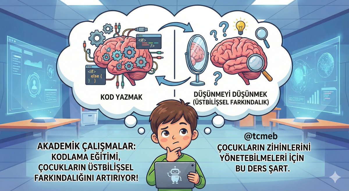 psyduckdiyorki's tweet photo. Kodlama sadece kod yazmak değil, "düşünmeyi düşünmektir". Akademik çalışmalar, kodlama eğitimi alan çocukların "Üstbilişsel Farkındalık"larının (Metacognition) arttığını gösteriyor. @tcmeb Çocukların zihinlerini yönetebilmeleri için bu ders şart. #HerSınıfaBilişimDersi https://t.co/HMiZxMATMV