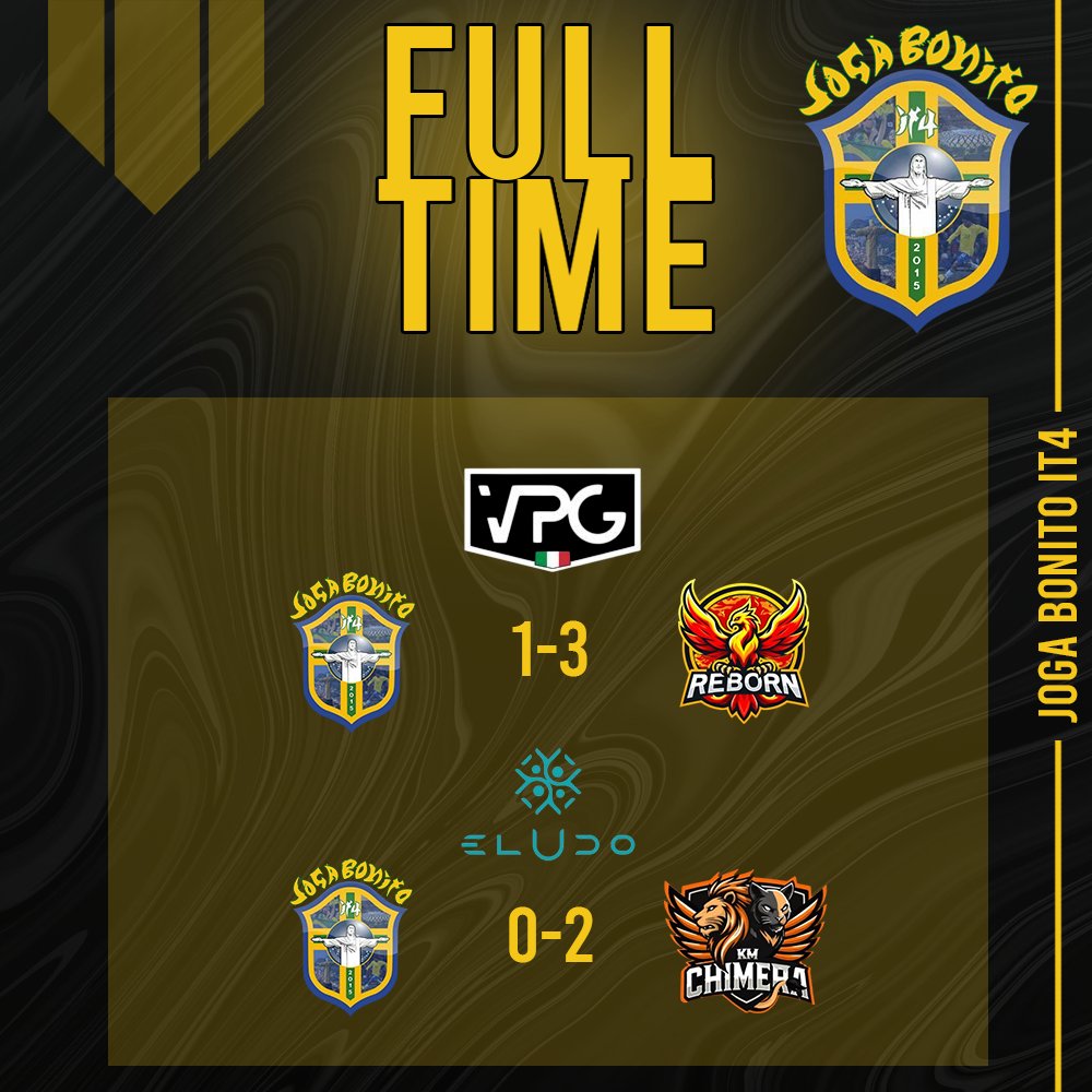 ⏱️| FULL TIME

🆚| <a href="/reBorn_proclub/">Reborn Sportec</a> ❌1-3
🆚| <a href="/KMChimera/">KM CHIMERA ®⚫️🟠</a> ❌0-2

👟🏅| #IT4_Cassano
⚽️| <a href="/Ita_F_Totti10/">IT4_TOTTI🔟</a>
🏅| <a href="/IT4_Guti/">Salvatore</a>  
 
#TifoJogaEMeNeVanto