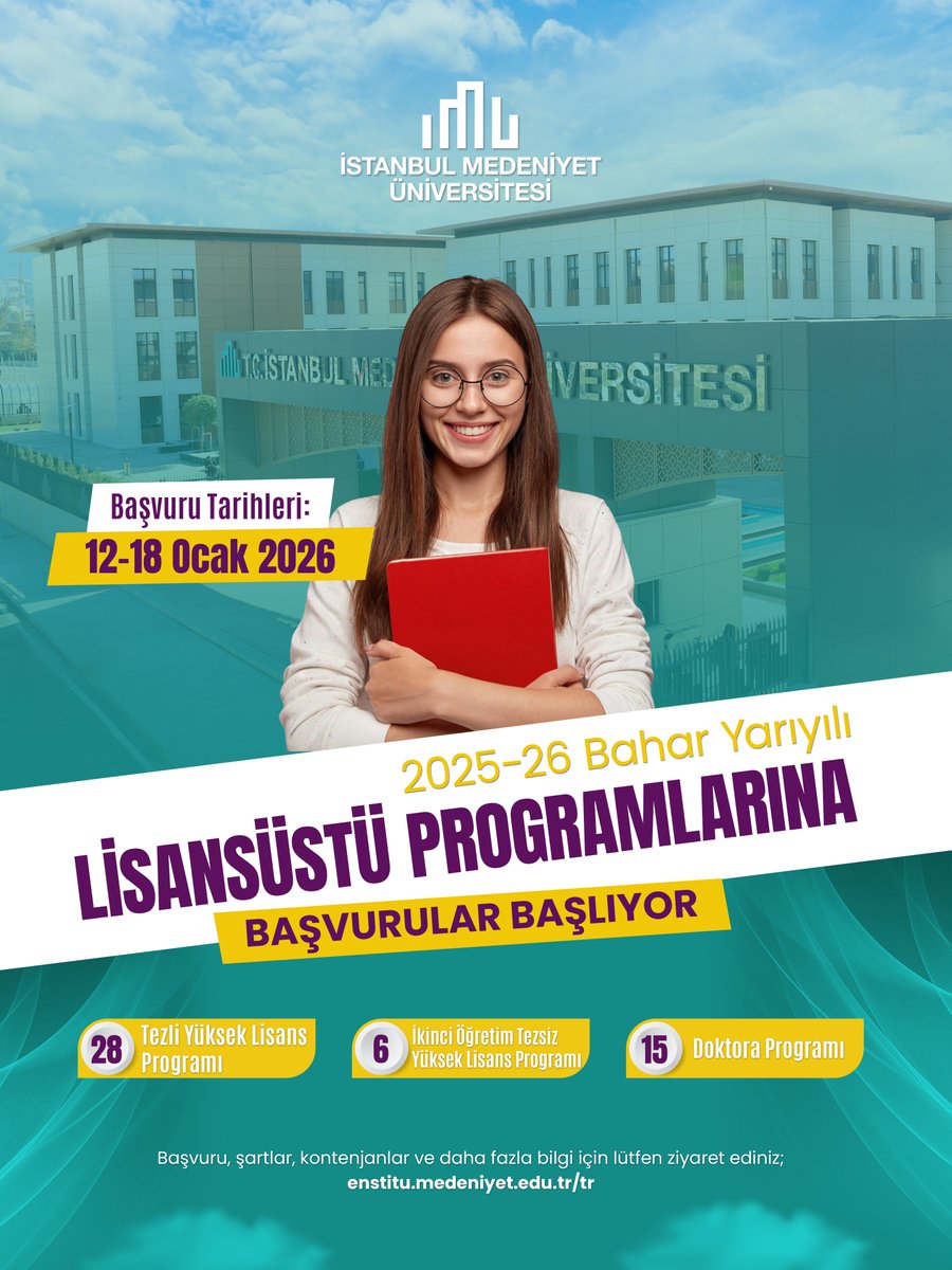 2025-2026 Bahar Yarıyılı İMÜ Lisansüstü Programlarına Başvurular Başlıyor!

Eğitim, Fen, Matematik, Filoloji, Hukuk, Mühendislik, Sağlık Bilimleri, Sosyal, Beşeri ve İdari Bilimler gibi temel alanlarda toplam kırk dokuz programımız bu dönem öğrenci alacak.
enstitu.medeniyet.edu.tr/tr/haberler/20…