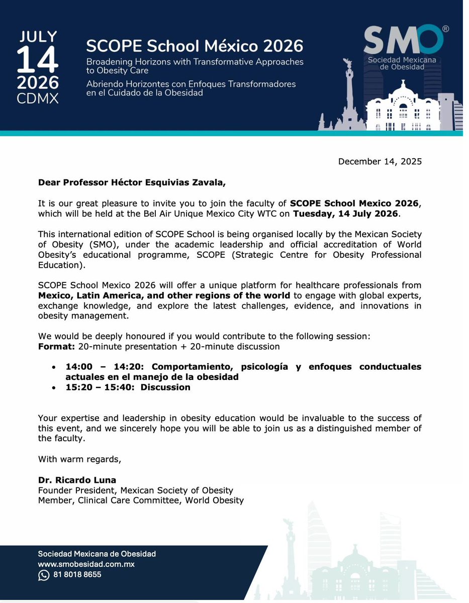 Nos vemos en el SCOPE de la World Obesity Federation y la Sociedad Mexicana de Obesidad en 2026 CDMX 

El evento académico sobre obesidad en México!🇲🇽