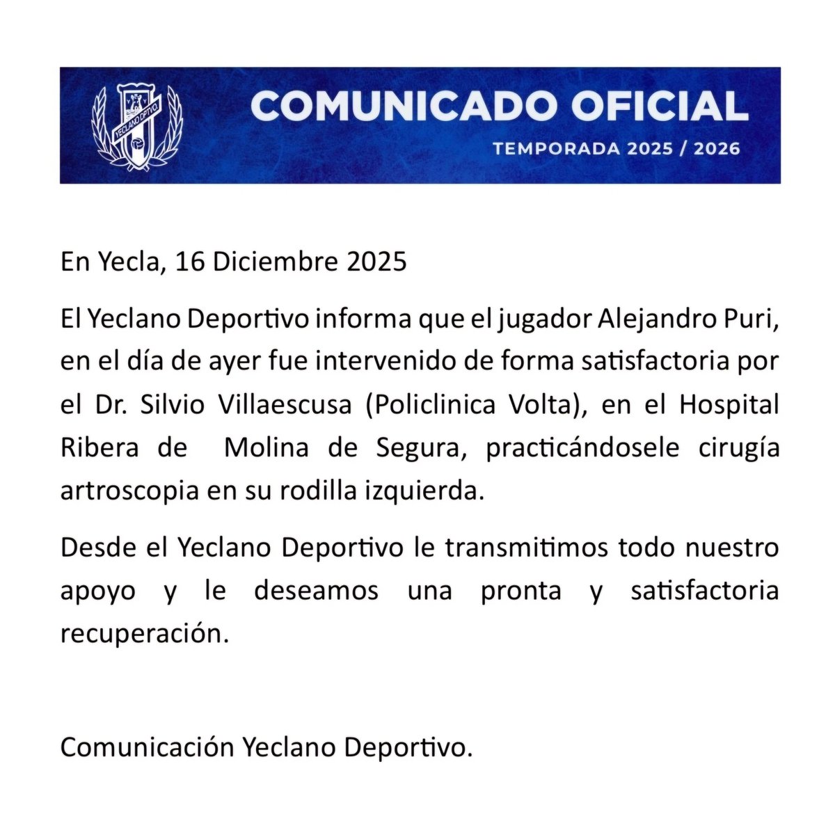 #ComunicadoOficial | 🔵🔴

📃🦵 Parte médico de <a href="/alejandro_puri/">Alejandro Puri</a> 😔🏥

🆙️💪 ¡Mucho ánimo, la familia del Yeclano Deportivo está contigo! 🏟🫂

#ÁnimoPuri ⚽️ #SegundaRFEF
#GraciasAfición 📢 #NoDudaría