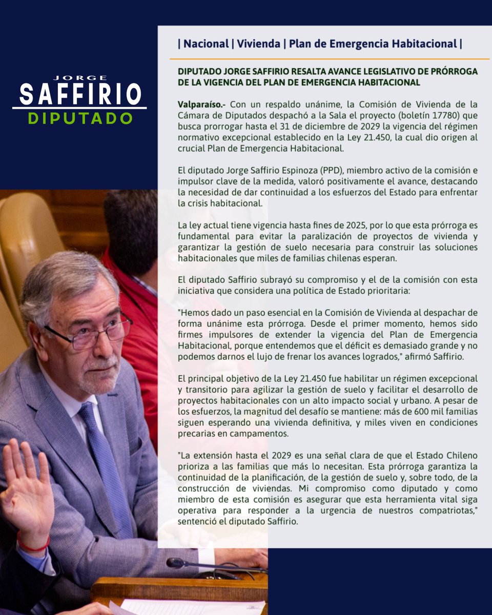 | Nacional | Vivienda | Prórroga Plan de Emergencia Habitacional |
 
DIPUTADO JORGE SAFFIRIO RESALTA AVANCE LEGISLATIVO DE PRÓRROGA DE LA VIGENCIA DEL PLAN DE EMERGENCIA HABITACIONAL

Valparaíso.- Con un respaldo unánime, la Comisión de Vivienda de la Cámara de Diputados despachó