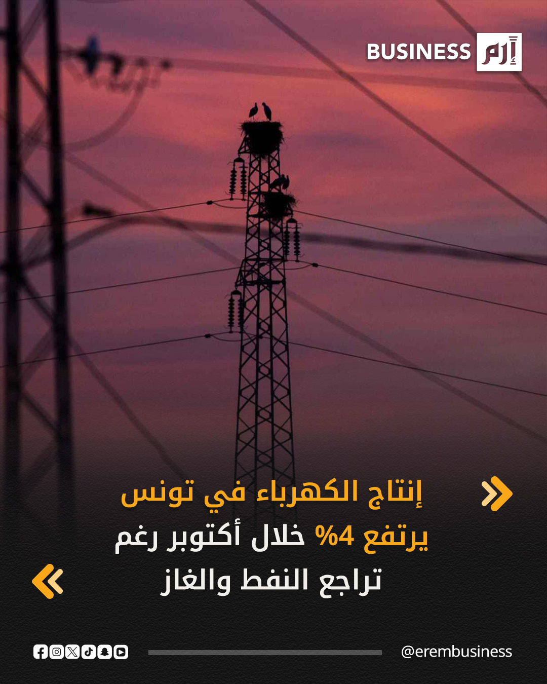 ارتفع إنتاج الكهرباء في تونس بنسبة 4% في أكتوبر 2025 مقارنة بالفترة ذاتها من العام 2024، ليبلغ نحو 17,499 غيغاواط/ساعة، فيما زاد الإنتاج الموجّه للاستهلاك المحلي بـ2%، بحسب مؤشرات المرصد الوطني للطاقة والمناجم.. التفاصيل في 