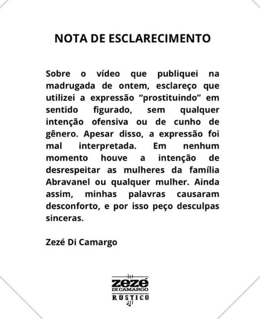 NewsLiberdade's tweet photo. 🚨URGENTE - Zezé Di Camargo faz retratação pública à família Abravanel

“Esclareço que utilizei a expressão "prostituindo" em sentido figurado… Apesar disso, a expressão foi mal interpretada. Em nenhum momento houve a intenção de desrespeitar as mulheres da família Abravanel ou qualquer mulher. Desculpas.”