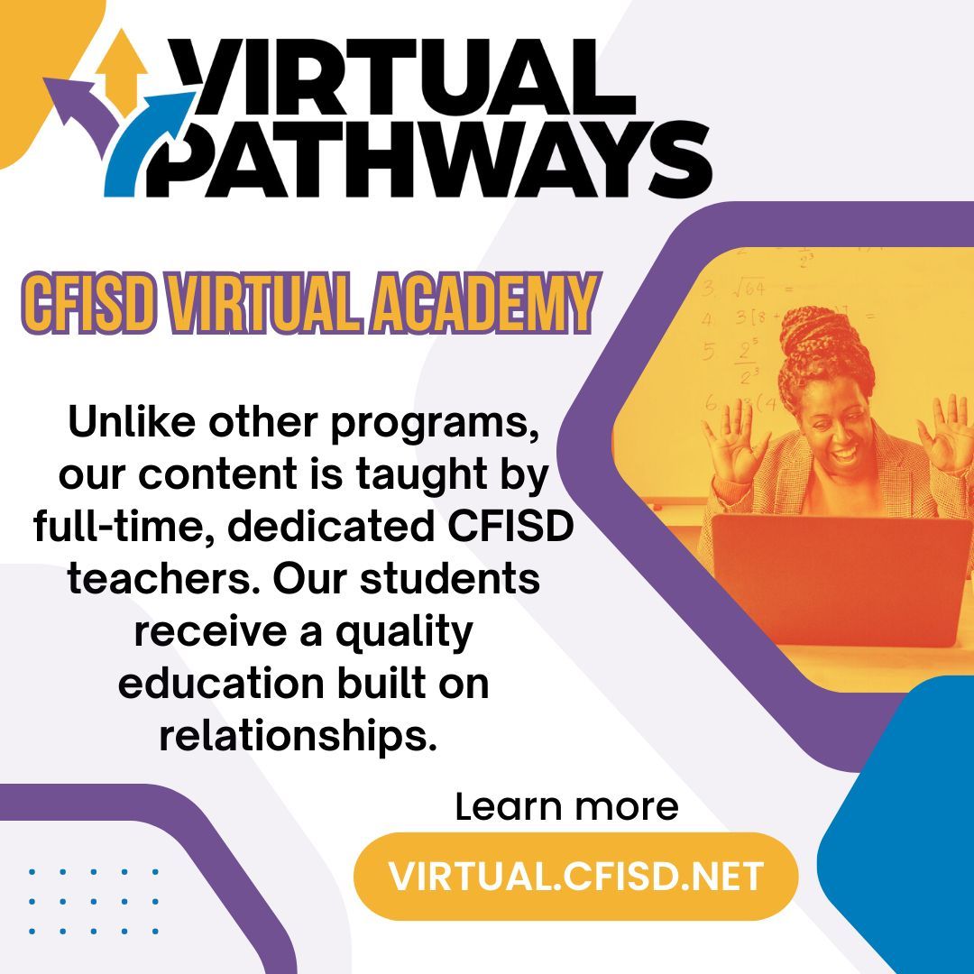 CFISDVirtual's tweet image. CFISD Virtual Academy🎓 Learn anywhere. Succeed everywhere.💻 | Flexible online learning🌐 virtual.cfisd.net #CFISDVirtual #LearnAnywhere#CFISDPathtoAmazing