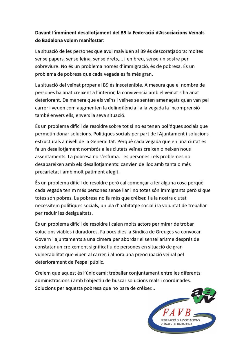 Comunicat sobre la situació del B9 #Badalona