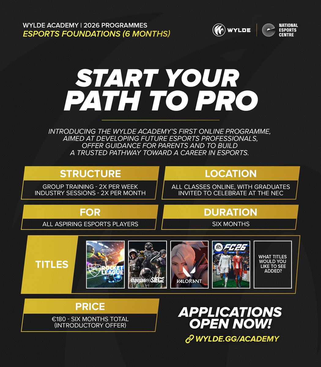 The WYLDE Academy blends high performance training with personal growth. 

Learn more about our Esports Foundations programme coming in 2026! ⚡️