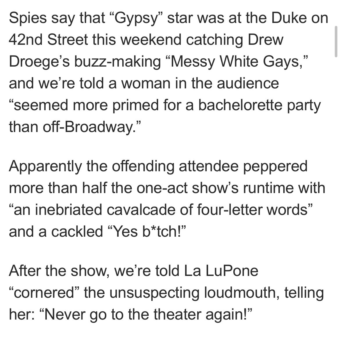 Patti LuPone standing up for theatre etiquette again.