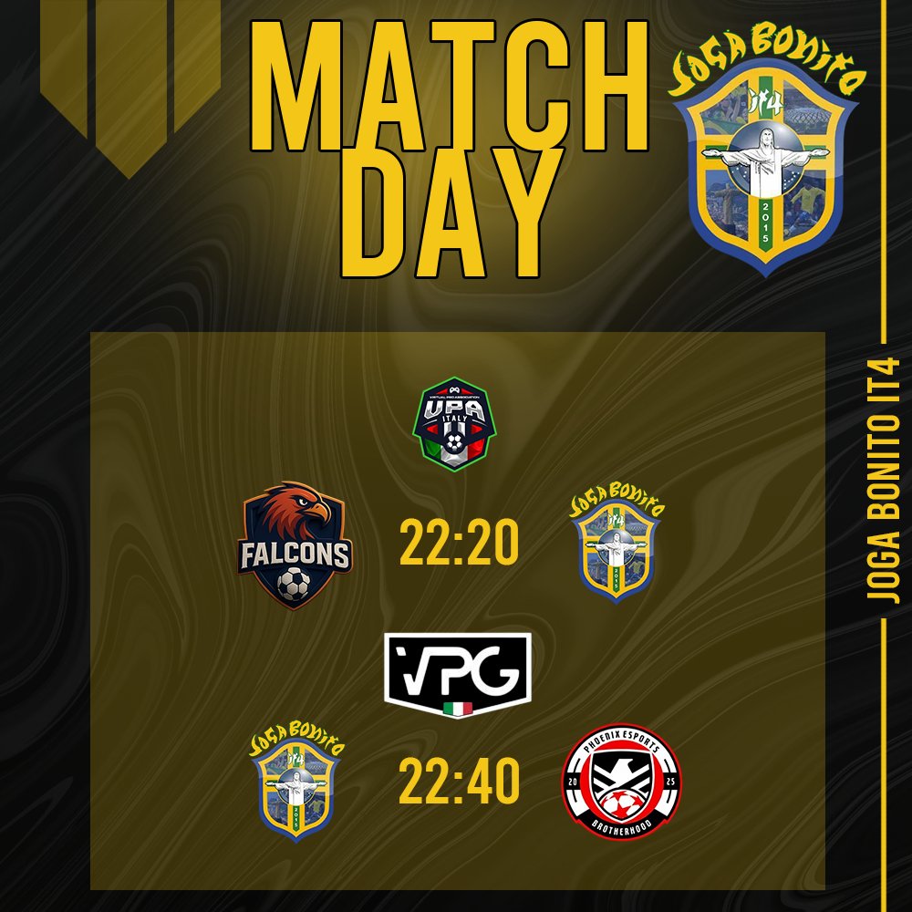 🏟️| MATCHDAY

🏆| <a href="/VPA_Italy/">VPA Italy</a>
🆚| <a href="/FalconsProClub/">Falcons</a> 22:20

-

🏆| <a href="/VPGItaly/">Virtual Pro Gaming Italy 🇮🇹</a>
🆚| <a href="/Ph0enix_eSport/">Phoenix eSports</a> 22:40

🖥️| youtube.com/@JogaBonitoIT4

#TifoJogaEMeNeVanto