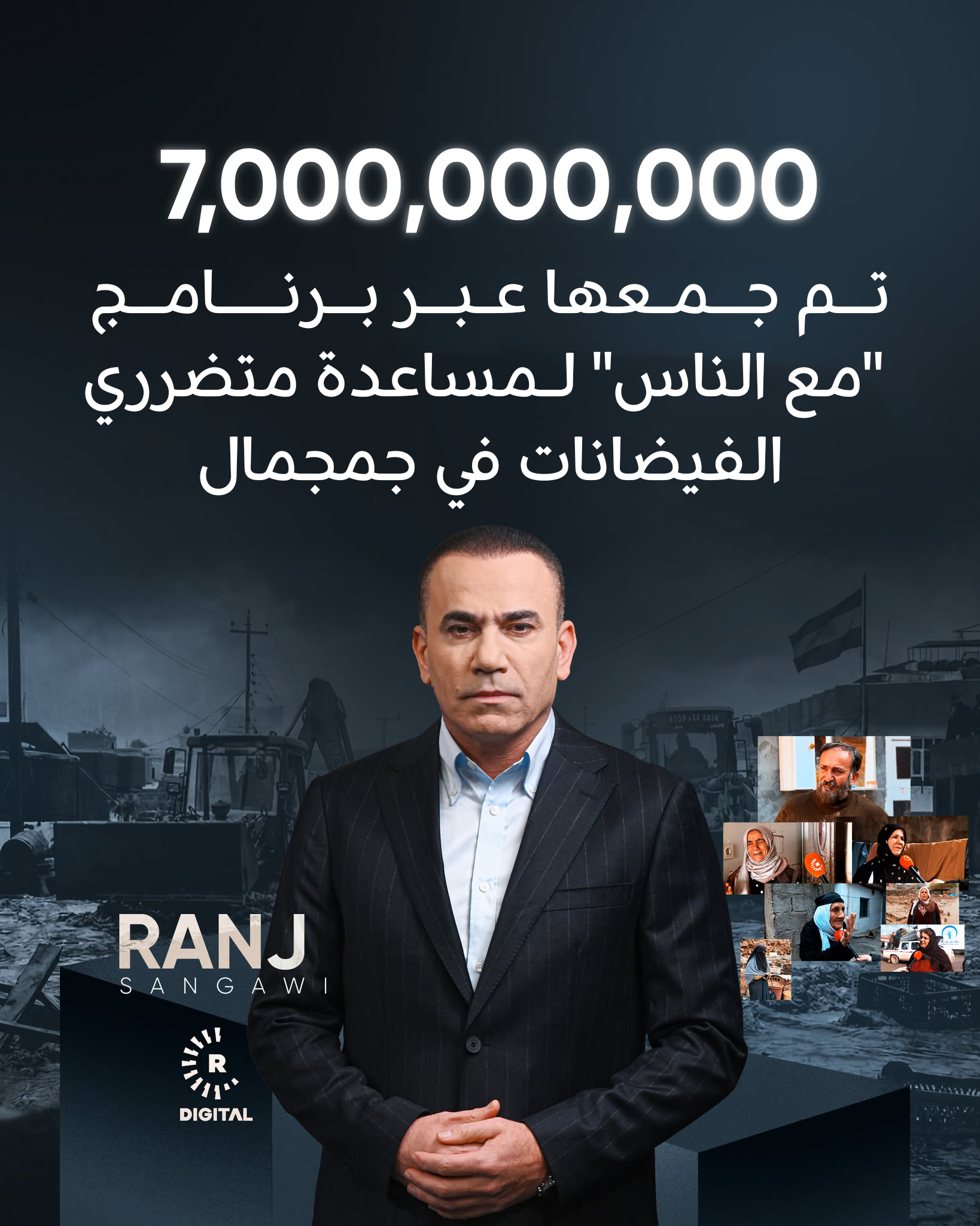 حتى الآن، وعبر برنامج "مع الناس"، تم جمع 7 مليارات دينار عراقي لمساعدة المتضررين من الفيضانات في قضاء جمجمال بمحافظة السليمانية 