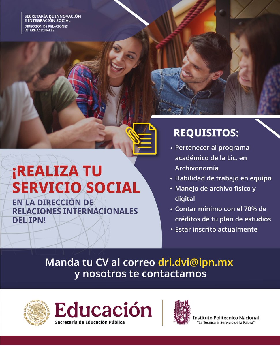 Comunidad estudiantil de la Lic. en Archivonomía de la ENBA IPN.Fortalece tus competencias profesionales en un entorno vinculado a la gestión documental y a la cooperación académica internacional.Revisa los requisitos y no dejes pasar esta oportunidad.
enba.ipn.mx