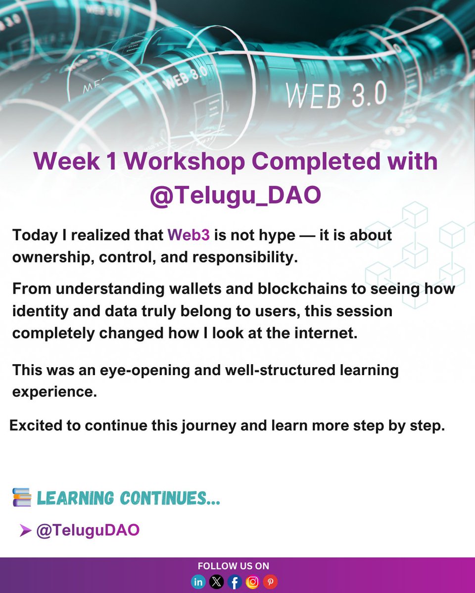Sai42258163's tweet photo. 🚀 Week 1 Workshop Completed with @Telugu_DAO 

#TeluguDAO #Web3Journey #Week1Completed #BlockchainLearning #Web3Education https://t.co/z1hLETXemK
