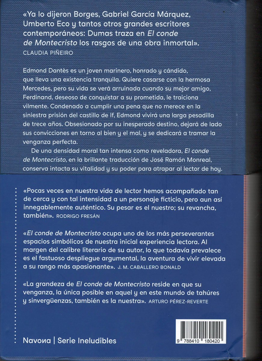 Muchas veces los amigos tuiteros me preguntan por una buena edición de "El conde de Montecristo". 
Ésta de <a href="/NavonaEditorial/">Editorial Navona</a>, recién publicada, lo es.