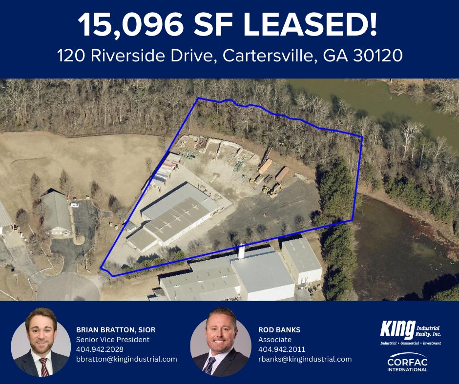 LEASED | King Industrial is pleased to announce the successful lease of 120 Riverside Drive.

Congratulations to Brian Bratton, Rod Banks, and all parties on a smooth, well-executed transaction.

#Leased #IndustrialRealEstate #CRE #KingIndustrialRealty #CORFAC
