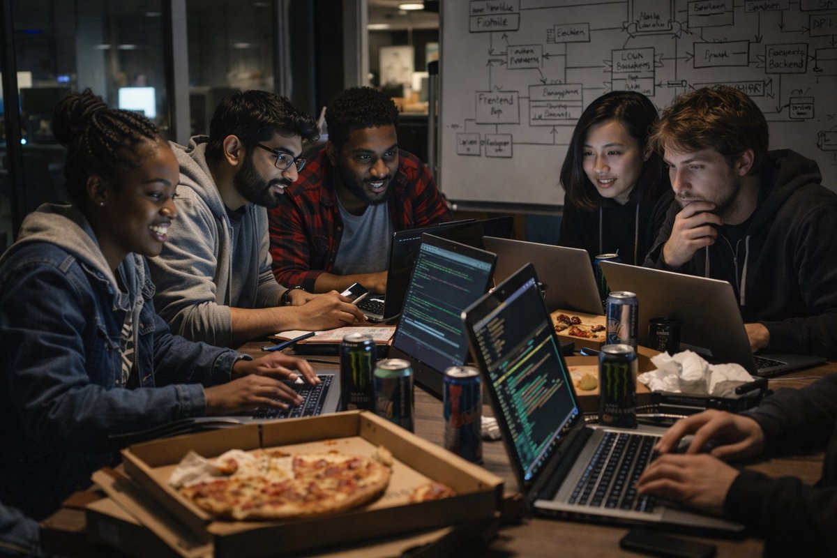 AmpliXYZ's tweet photo. 3AM hackathon energy ☕️ When your code compiles and pizza arrives at the same time. Created with @OpenAI Images https://t.co/yGH35Jk488