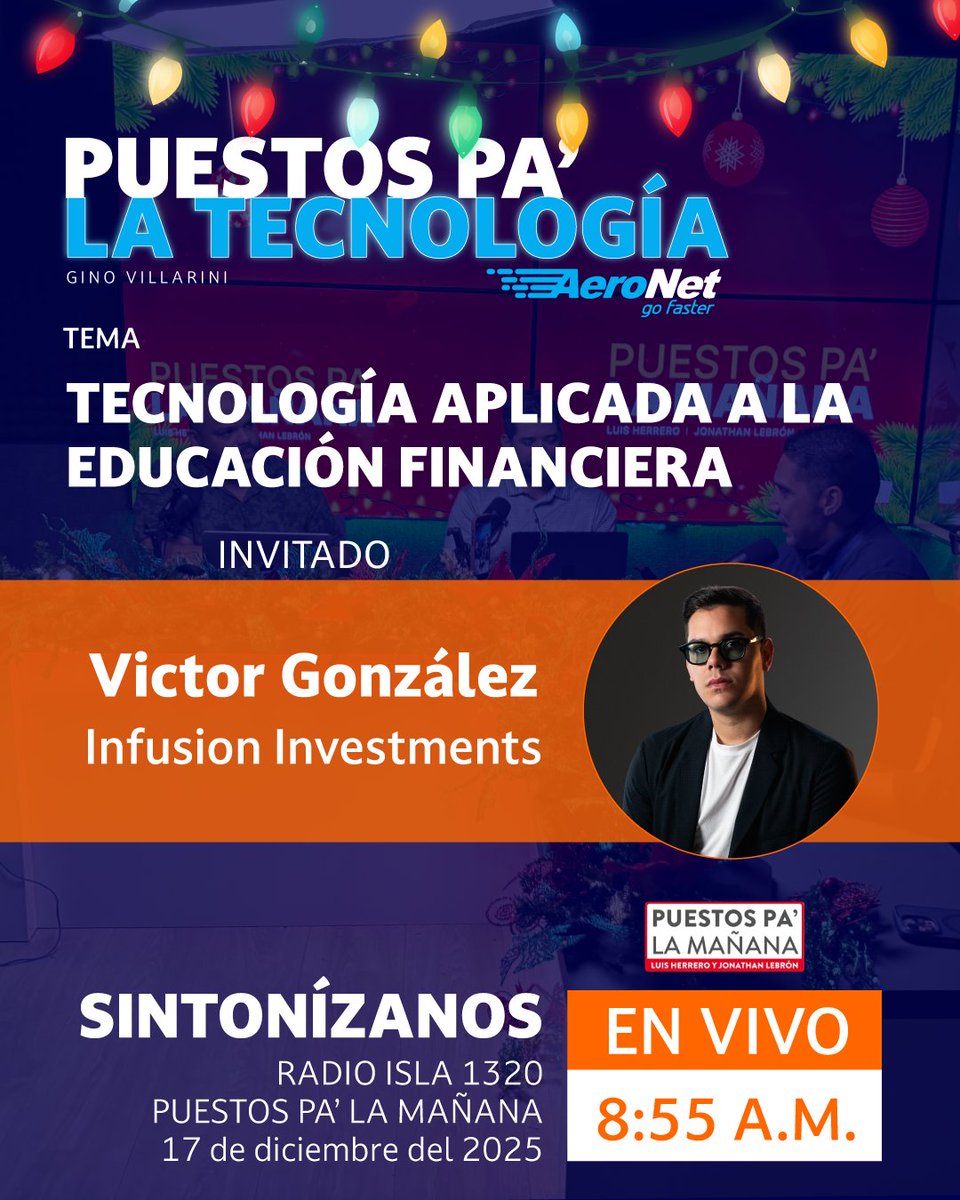 🎙Mañana en Puestos Pa’ la Tecnología

Conversamos sobre tecnología aplicada a la educación financiera y cómo las herramientas digitales están transformando la manera en que aprendemos, invertimos y tomamos decisiones financieras.

Nos acompaña, Víctor González de Infusion