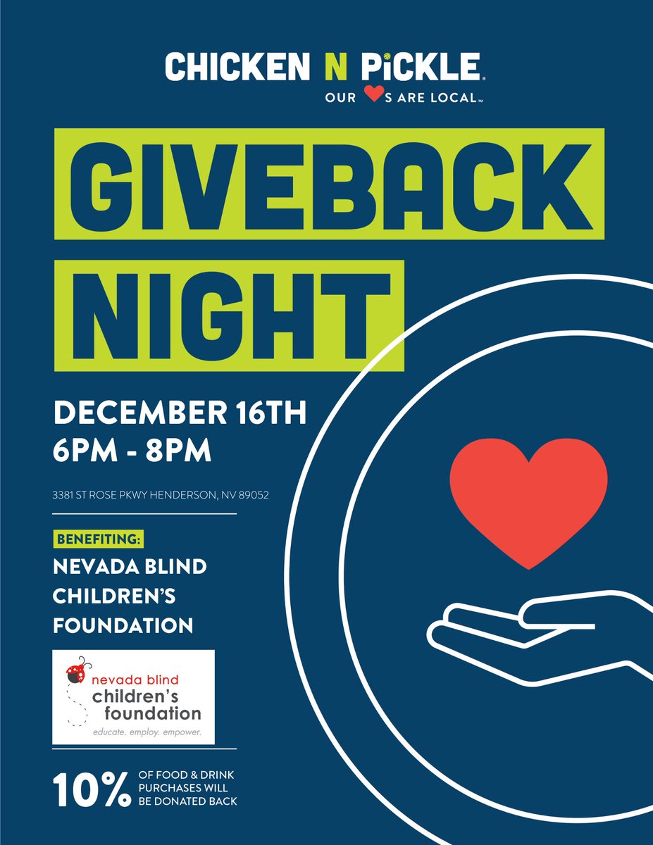 ⏰ REMINDER! Tonight’s the Night! 
Join us at Chicken N Pickle-Henderson TODAY, December 16th, from 6pm–8pm!
Enjoy amazing food and fun, and 10% of your purchase will support NBCF 💛

Bring your friends, bring your family, and let’s make an impact together!
See you tonight! 👋