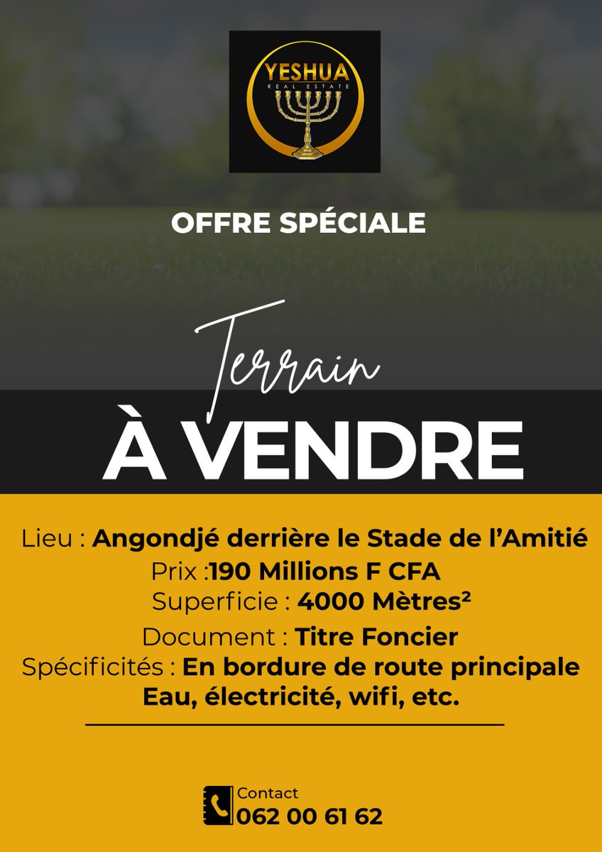 TERRAIN À VENDRE 
ANGONDJE / STADE DE L'AMITIÉ 
190 000 000 FCFA 
4000 mètres carrés 
TF
#immobilier Haut Standing 
#immobilier de Luxe
#immobilier sur mesure
#immobilier "Haute Couture"
Nous democratisons le Luxe
#Gabon 
#promotionimmobiliere 
#fepig 
#yeshuarealestate