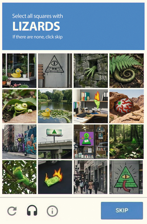 select all squares with lizards.

if there are none, click skip.