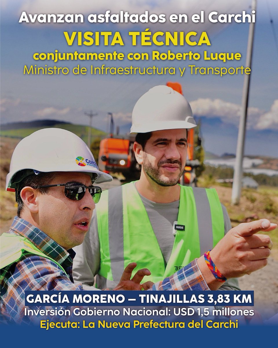 JRoblesOficial's tweet photo. Hoy, junto a @RobertoLuqueN, Ministro de Infraestructura y Transporte, visitamos obras financiadas por el Gobierno Nacional, gracias al apoyo del presidente @DanielNoboaOk, y ejecutadas por #LaNuevaPrefectura.
García Moreno – Tinajillas 3,83 km, USD 1,5 millones. #CumplimosCarchi https://t.co/BOV3wpcLLh