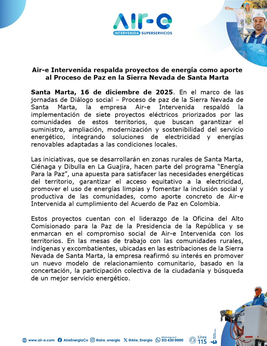 Aire_Energia's tweet photo. #EntérateMagdalena🌀 ¡Con #EnergíaParaLaPaz, buscamos aportarle al proceso de paz en la Sierra Nevada!⚡️ Nuestra empresa pondrá en marcha siete proyectos eléctricos para beneficiar a miles de familias en zona rural de #SantaMarta, #Cienaga y #Dibulla, en La Guajira, como parte de su compromiso en garantizar una energía confiable, sostenible y para todos.✅