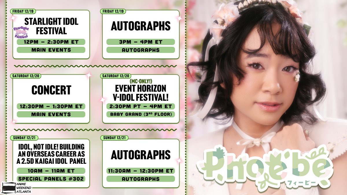 feebeechanchibi's tweet image. 【❄️ ANIME WEEKEND ATLANTA SCHEDULE ❄️】

🐝FRI🐝

🌷 Starlight Idol Festival @ 12PM, Main Events
🌷 M&amp;amp;G @ 3PM, Autographs

🐝SAT🐝

🌷 Solo Concert @ 12:30PM, Main Events

🐝SUN🐝

🌷 2.5D Idol Panel @ 10AM, Special Panels #302
🌷 M&amp;amp;G @ 11:30AM, Autographs

See you there~! 🥰