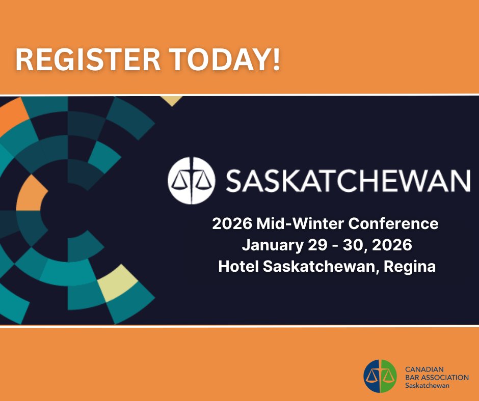 Don't miss the CBA-SK Mid-Winter Conference!

📅 Jan 29–30, 2026 in Regina
✔️ Cutting-edge legal insights
✔️ Dynamic speakers &amp; interactive sessions
✔️ Meaningful networking

Join us for SK’s most anticipated legal event! Register today: bit.ly/48Yc9Oo