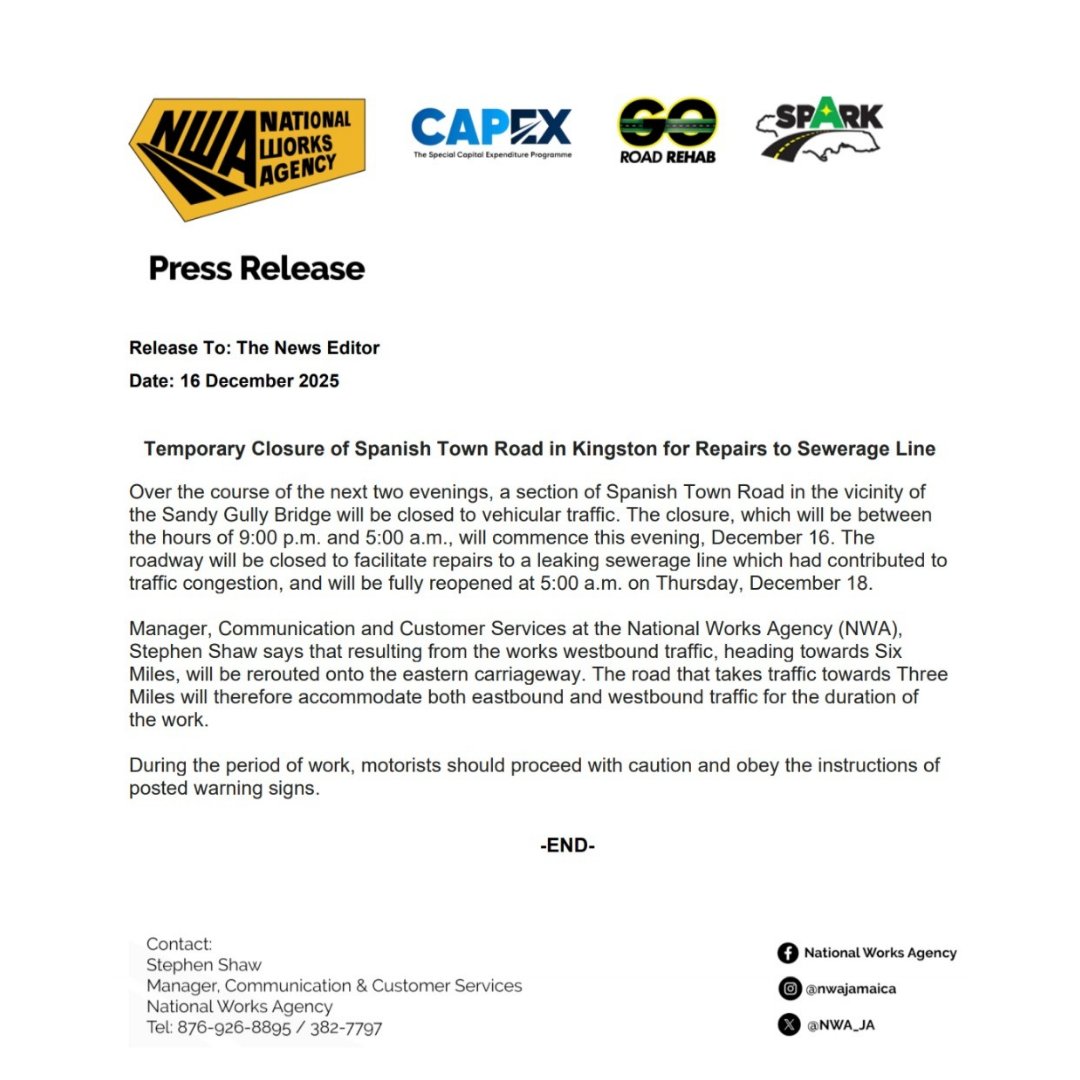 NWA_JA's tweet image. #NWAUpdate 

This evening, a section of Spanish Town Road in St. Andrew will be closed. This closure is to facilitate a leaking sewerage line. 🚧⚠️

Swipe for map with traffic detour  instructions.

#nwajamaica 
#newsrelease