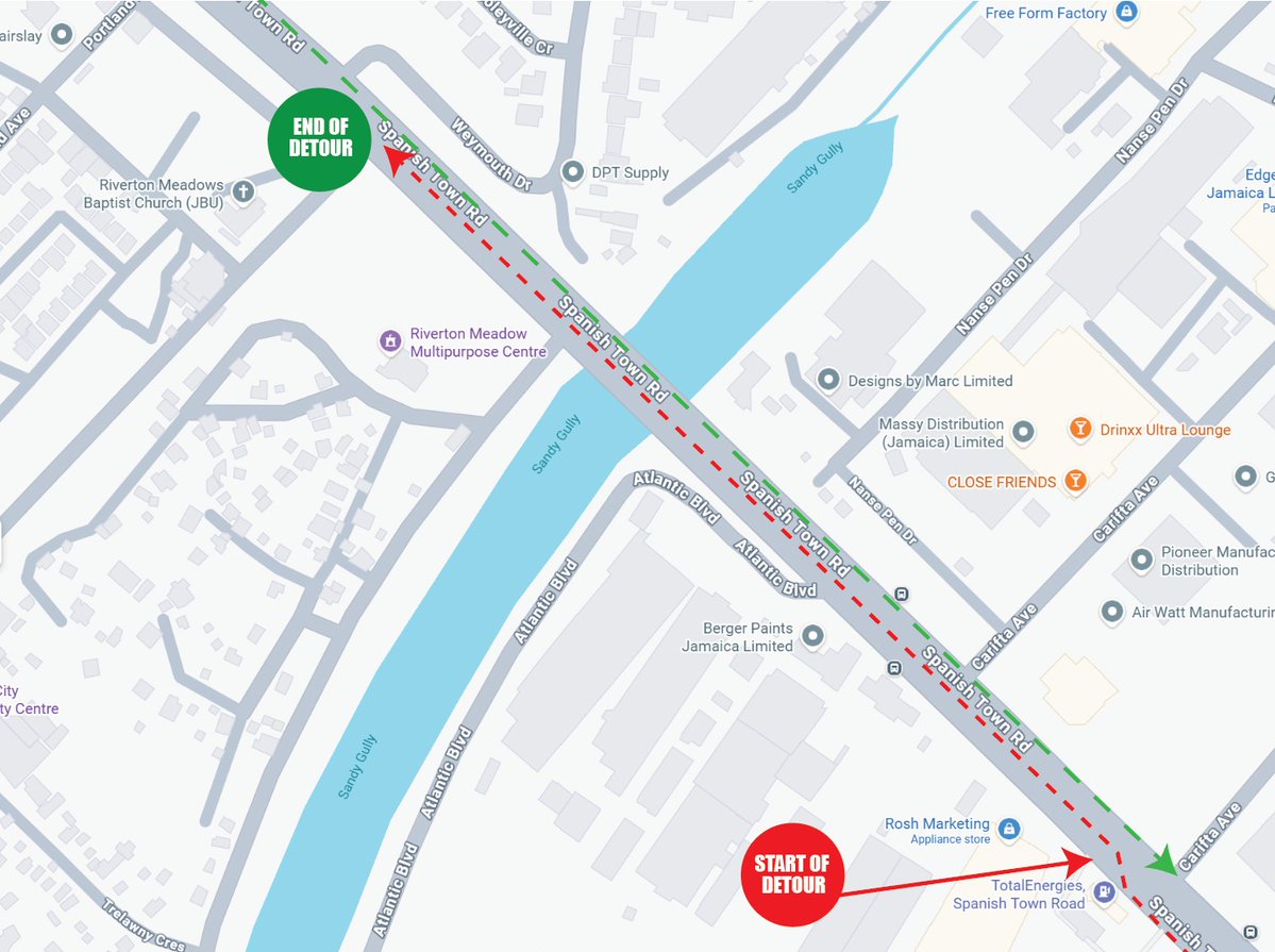 NWA_JA's tweet image. #NWAUpdate 

This evening, a section of Spanish Town Road in St. Andrew will be closed. This closure is to facilitate a leaking sewerage line. 🚧⚠️

Swipe for map with traffic detour  instructions.

#nwajamaica 
#newsrelease