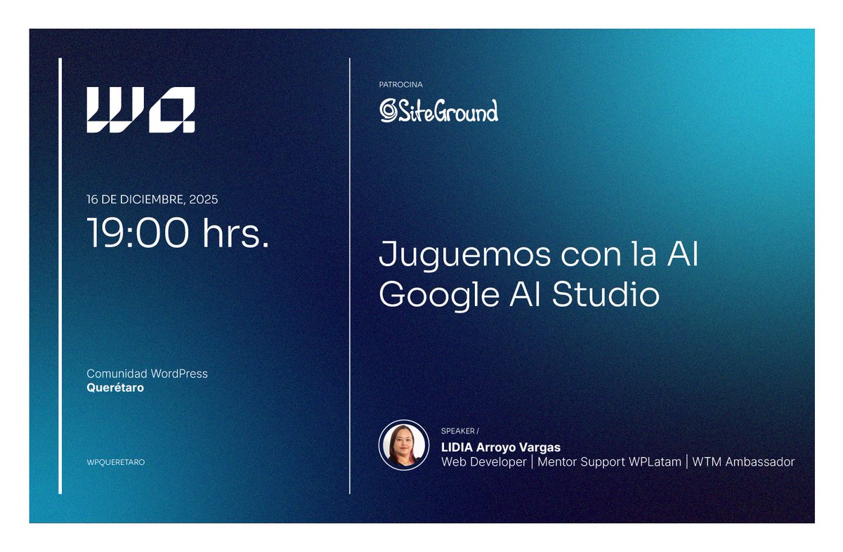 ¡EVENTO HOY! 🚀 ¿Listos para "Jugar con la AI" de Google AI Studio?

Descubre cómo usar la inteligencia artificial para crear presentaciones que dejen a todos sin palabras.

La sesión arranca en unas horas al lado de <a href="/lidivanarroyo/">Lidia Arroyo</a> . ¡Únete!

#WPQuerétaro #WordPress #IA #GoogleAI
