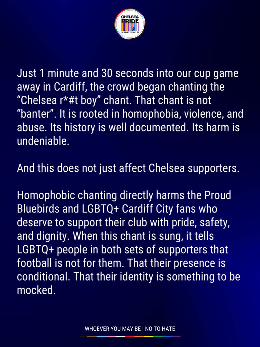 ChelseaPride_'s tweet photo. Second match in a row.

Statement on homophobic chanting at tonight’s @Carabao_Cup match in Cardiff. 

#NoToHate | #RetireTheChant | #WhoeverYouMayBe 🏳️‍🌈⚽️🏳️‍⚧️ https://t.co/5Lb1EdEg59