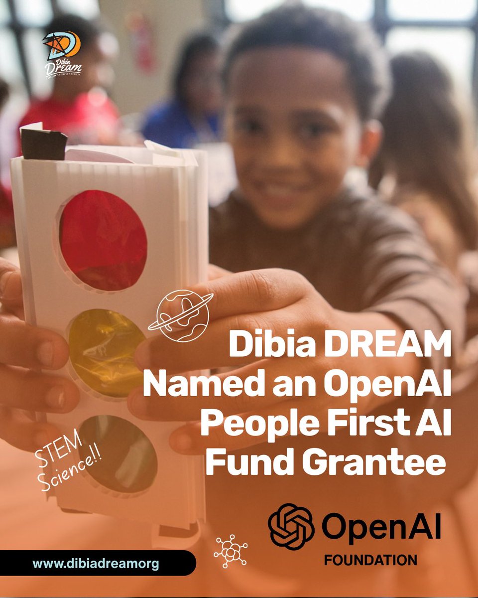 Okpalobi1's tweet photo. Big news! 🎉 

@DibiaDREAM is a People-First AI Fund grantee supported by the @OpenAI Foundation—fueling our work to expand STEM programming and innovation opportunities for all youth. 🚀

#PeopleFirstAI #STEM #DREAMBigger https://t.co/gBwGkds7xX