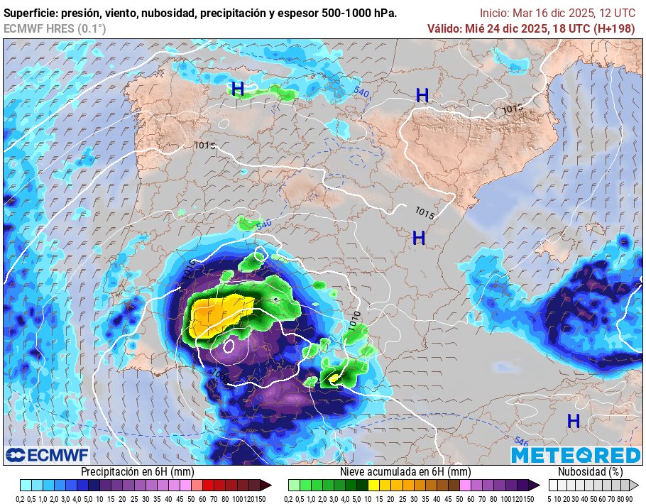 🌨️🌨️ Salida totalmente loca del Europeo para Nochebuena, pocas veces se ve algo así. Gran nevada en Sierra Morena occidental, en las provincias de Huelva, Sevilla y el sur de Badajoz. Repito, salida loca. Lo que sí se puede afirmar es que no serán días cálidos como otros años.