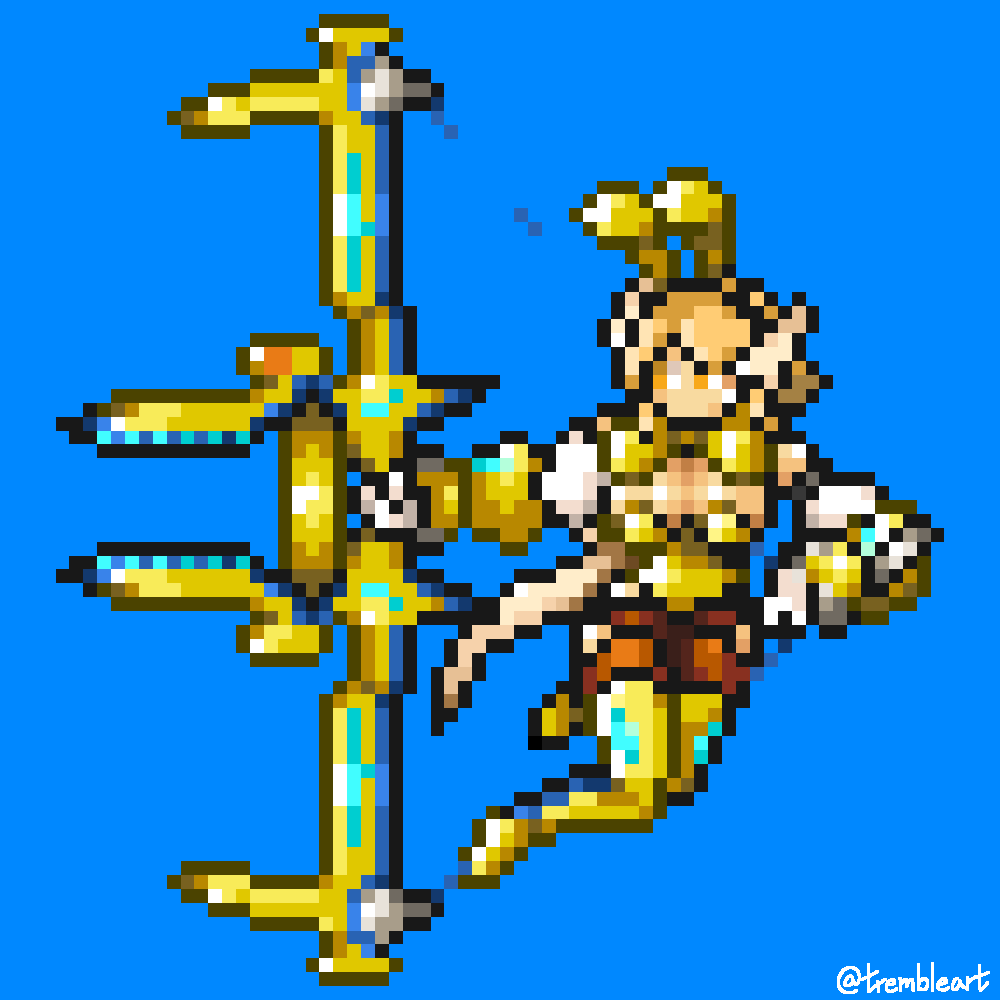 trembleart's tweet photo. As a companion piece, I felt inspired to create a wholly original—and significantly larger—sprite artwork of Meteora's "Bard" attire, reminiscent of those made for Final Fantasy summons and nemeses of old!
#FFXIVART #pixelart #ocart https://t.co/fKTqsrMMba