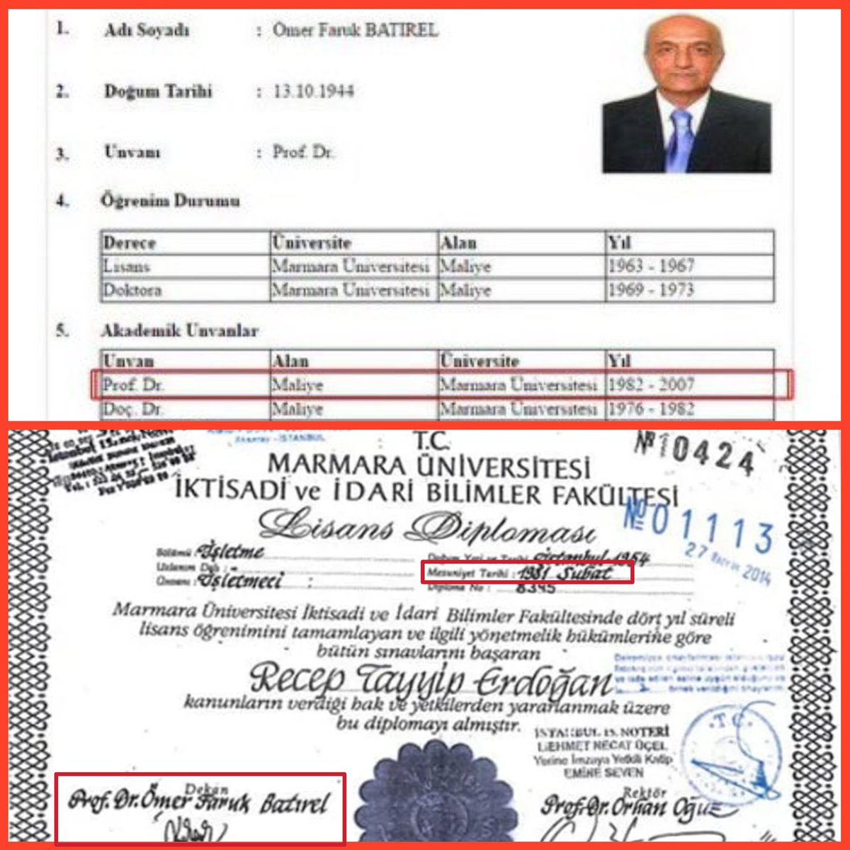 HasanGunaltay35's tweet photo. BU NASIL OLUYOR ?
1981 Şubat ayında mezun olan Erdoğan'ın diploması Prof. Dr. Ömer Faruk Batırel tarafından imzalanmış.
Fakat Ömer Faruk Batırel 1982 yılında Profesör olmuş.
Bu nasıl mümkün olabilir?🤔 https://t.co/1X2Hiebhab