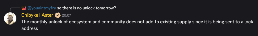 DC__CRYPT's tweet photo. There were doubts about this in November when Coinmarketcap updated the tokenomics, and $ASTER clarified it in its profile. Today, a moderator on Discord clarified it once again.

I insist, the tokens are not added to the circulating supply. They are not rewards, they are not for the community to buy or sell. They remain locked in another wallet until they need to be used. And when they decide to use them, they will not be for the community.